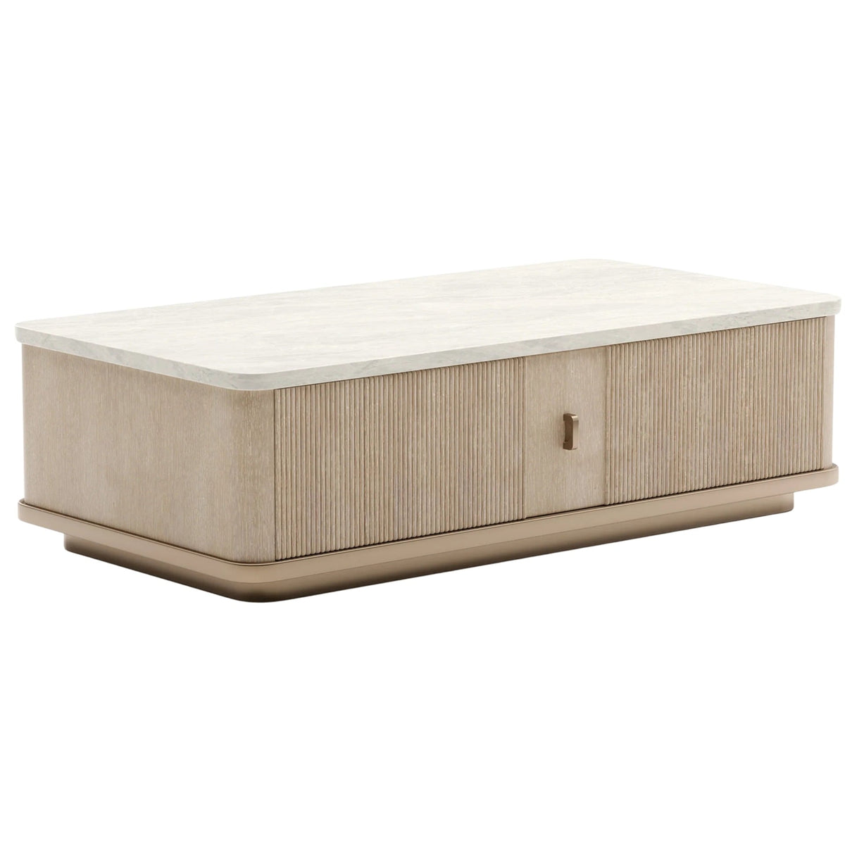 Angled view of Caracole Rhythm coffee table with travertine stone top and reeded wood detailing