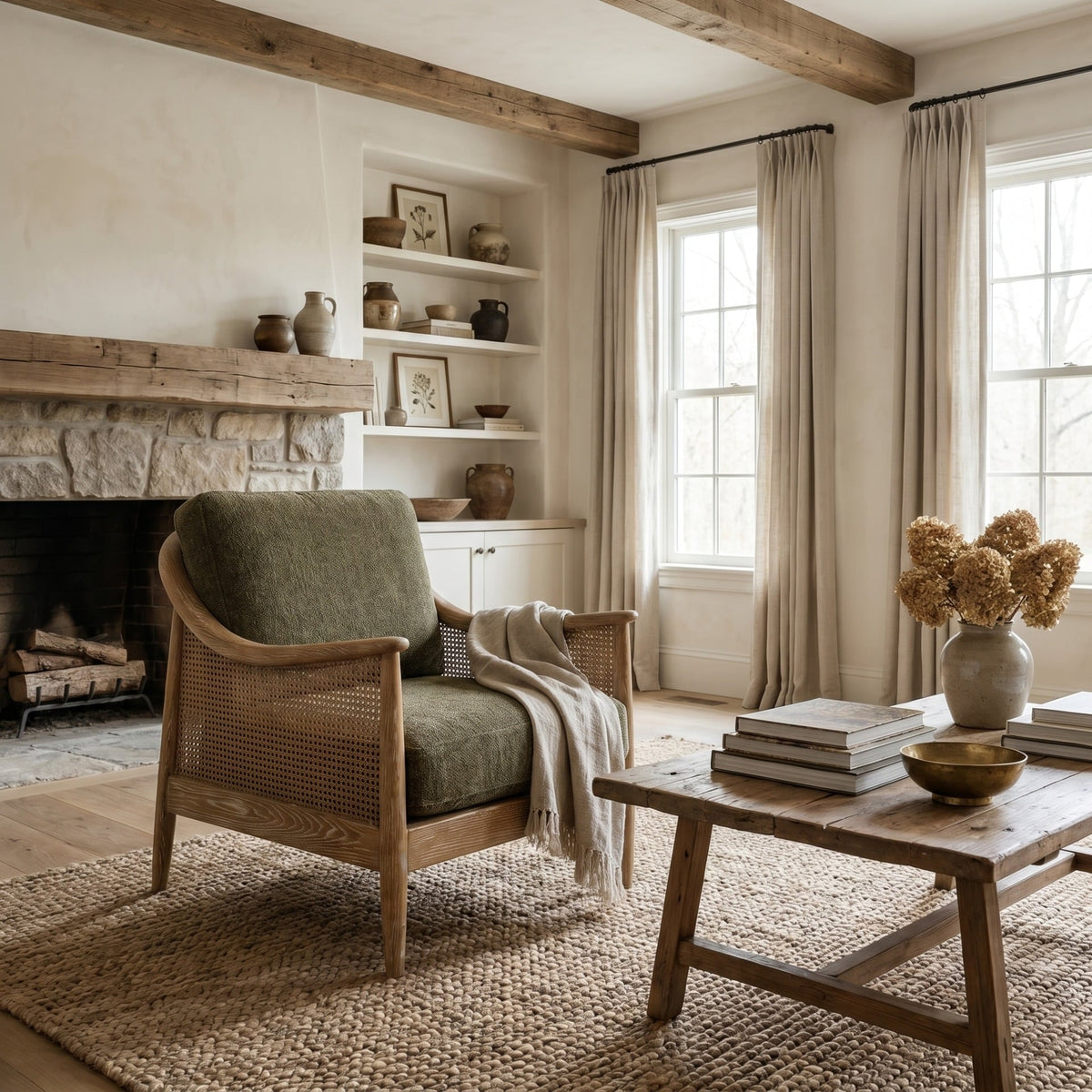 Chadlington Accent Chair in Green styled in a rustic living room with fireplace