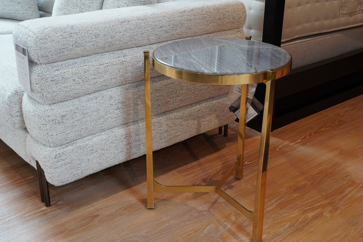 Outlet Medium Solid Brass & Blanco Equador Marble Top Round Lamp Table