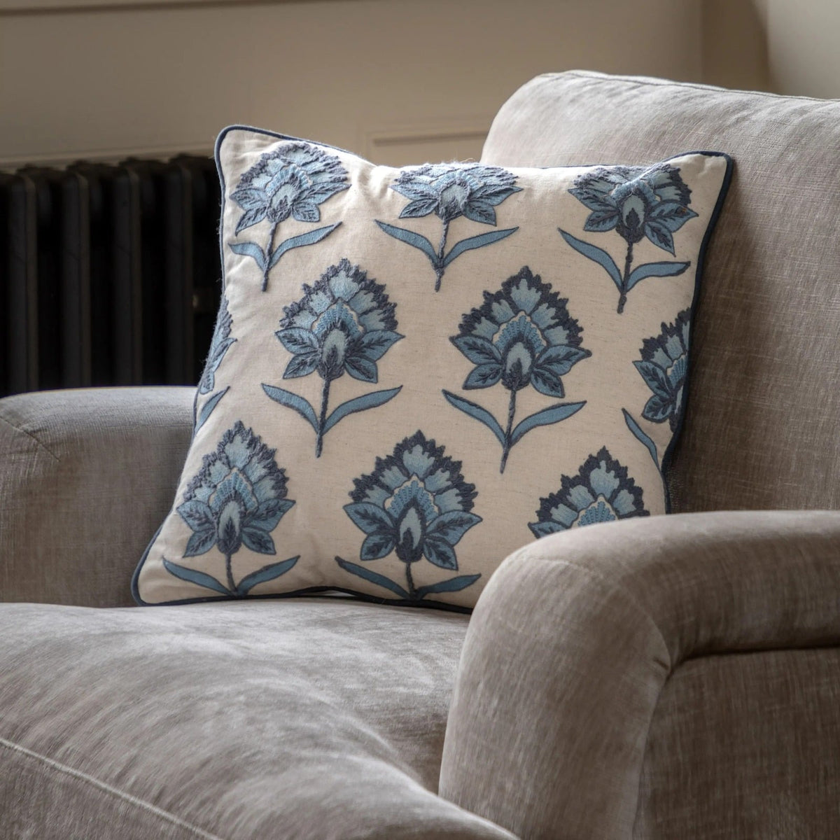 Fleur Embroidered Cushion in Ink Blue