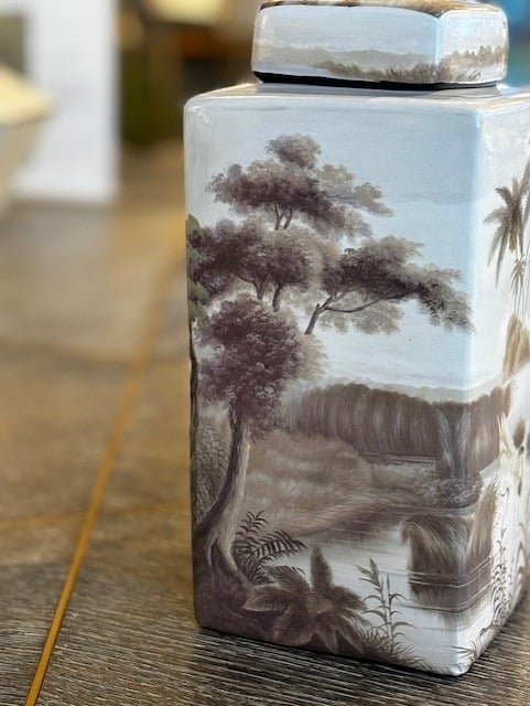 Ceramic Palm Tree and Heron Lidded Jar - Medium