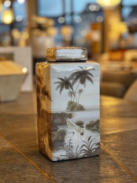 Ceramic Palm Tree and Heron Lidded Jar - Medium