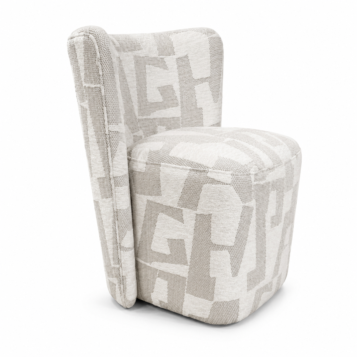 Keiichi Stratford Swivel Dining Chair, side profile in textured geometric beige upholstery on white studio background