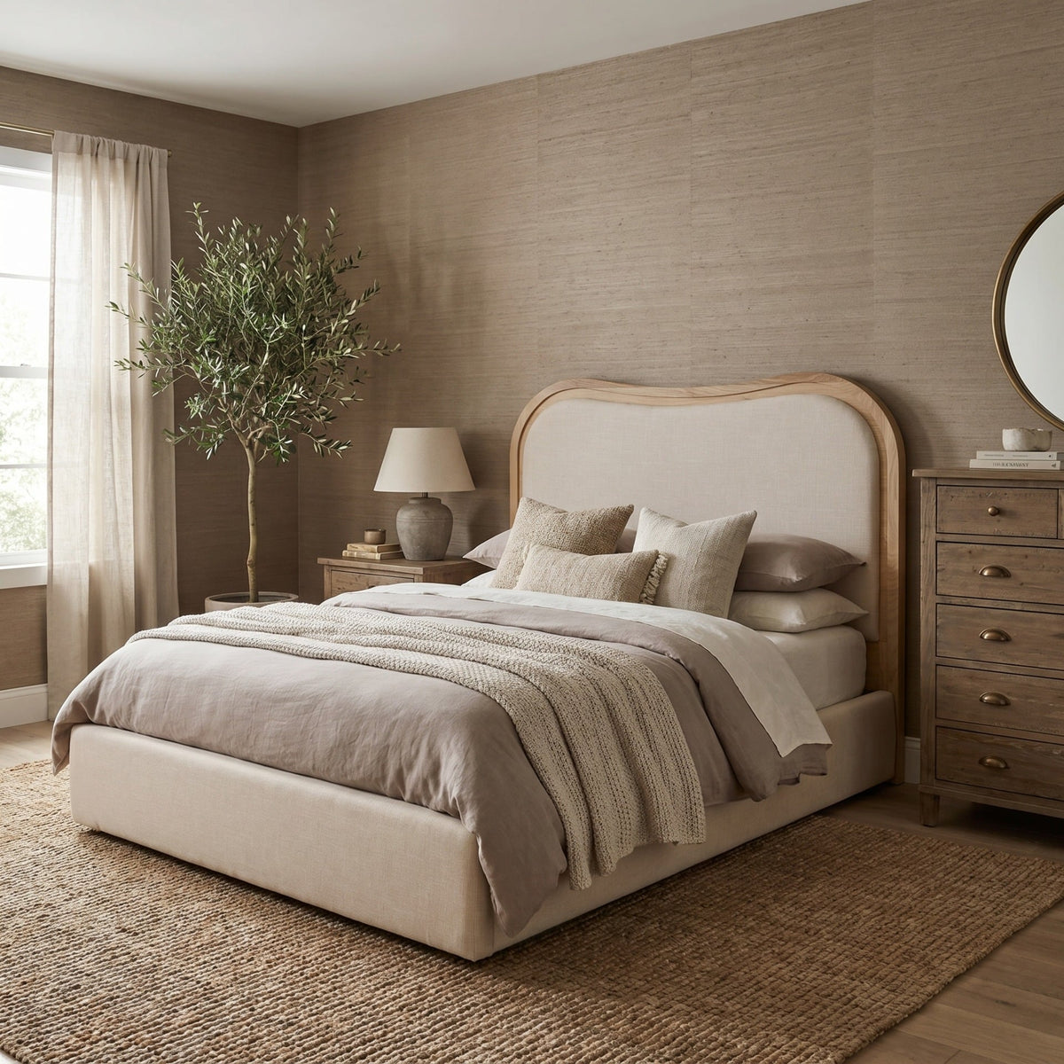 Keiichi Sandford curved upholstered super king bed in luxury neutral bedroom