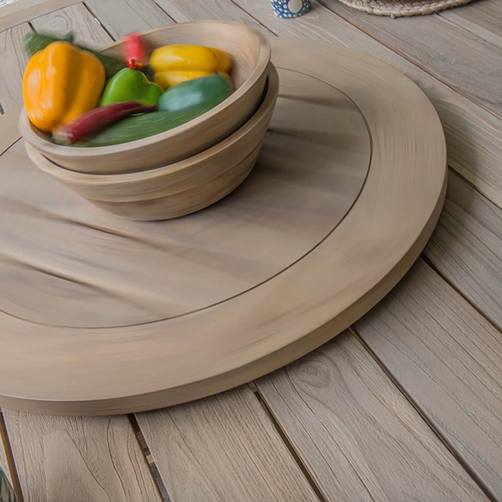 Close-up of solid teak grain on 65cm Louvre outdoor lazy susan