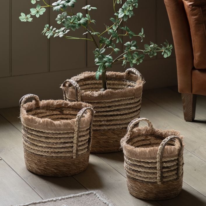 Fringed Woven Basket in Brown Stripe Set of 3