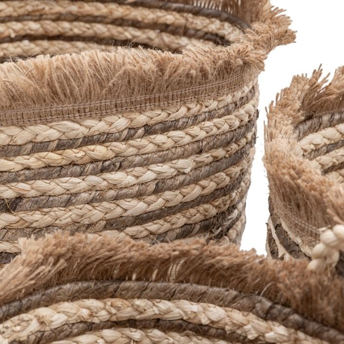 Fringed Woven Basket in Brown Stripe Set of 3