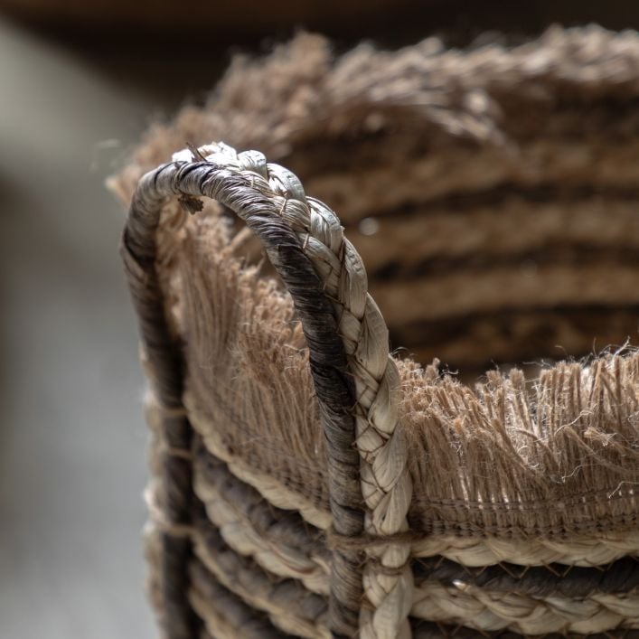 Fringed Woven Basket in Brown Stripe Set of 3
