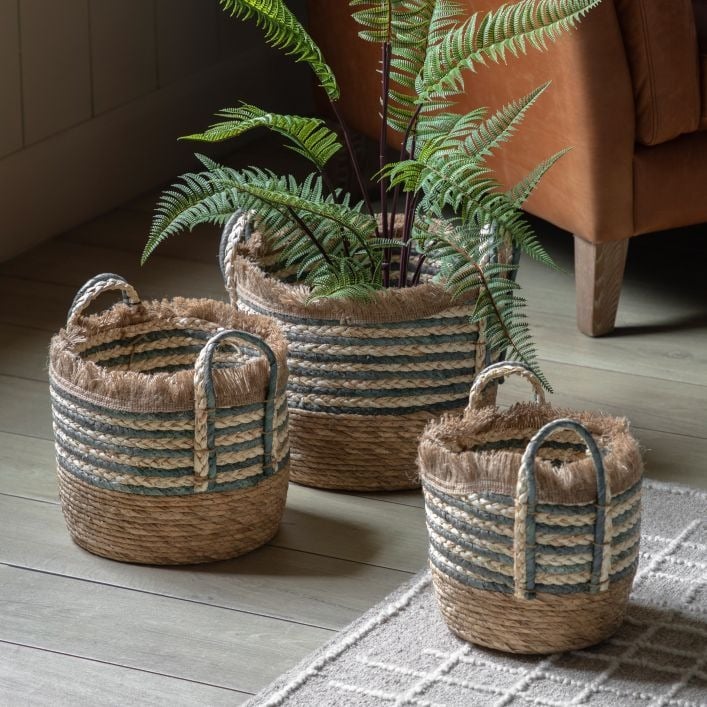 Fringed Woven Basket in Ink Stripe Set of 3