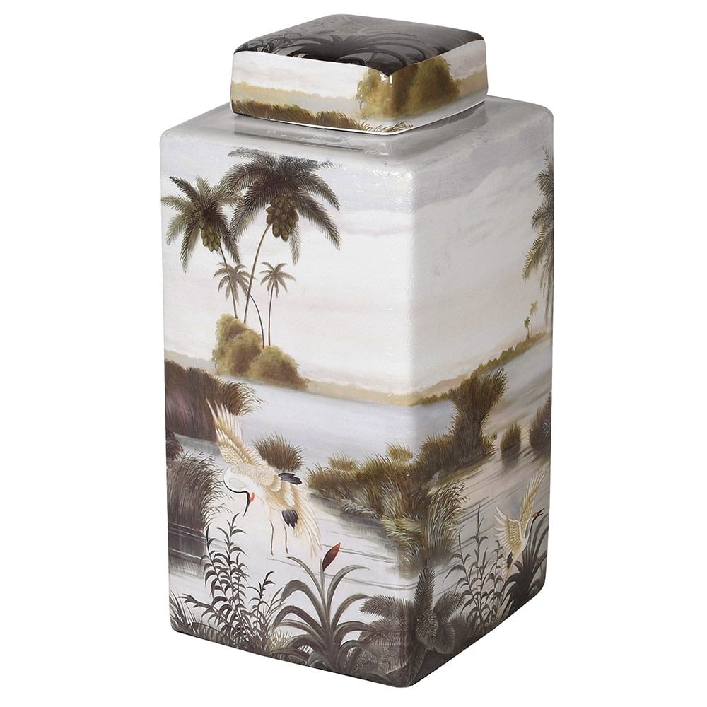Ceramic Palm Tree and Heron Lidded Jar - Medium