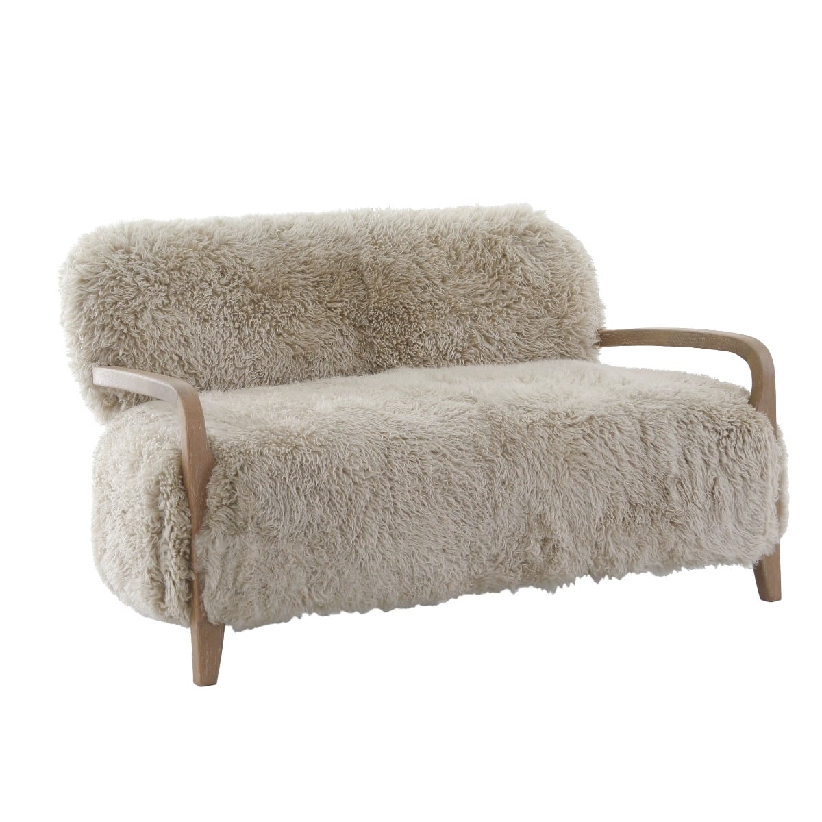 Keiichi BAAARB real sheepskin sofa with oak wood legs and soft sheepskin upholstery.