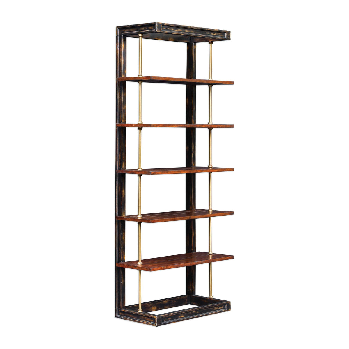An industrial style open shelved bookcase finished in antique brass with iron support rods suspended from a dark honey stained structure