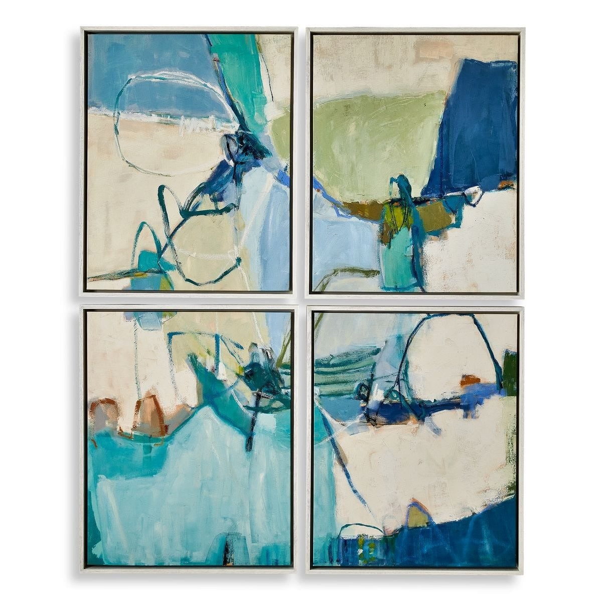A set of 4 framed canvases depicting abstract art of various shades of blue, greens, and cream shown here with a white background.