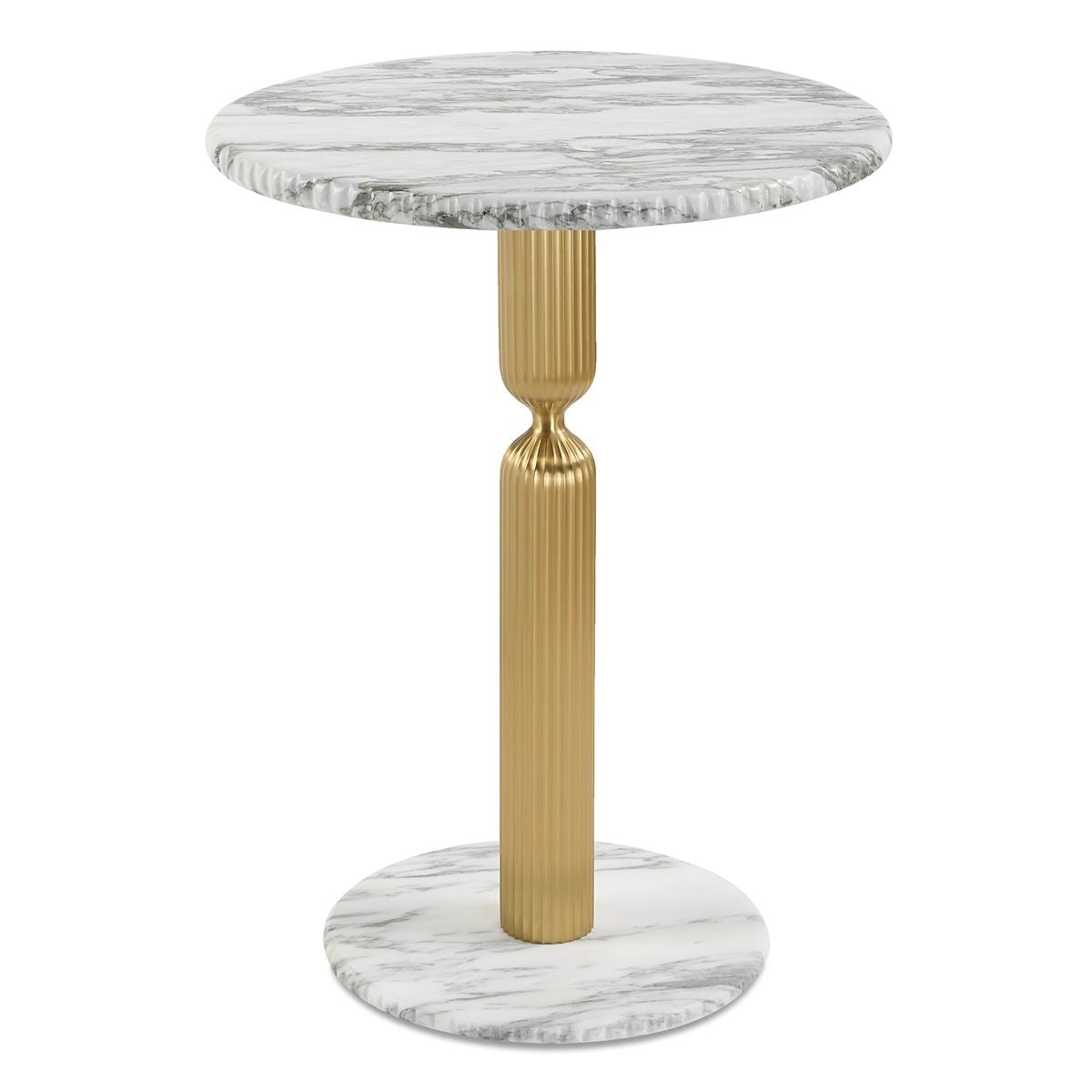 A side table featuring cast brass fluted piping with a cinched detail and a circular top and base that are crafted of honed Italian Arabescato marble.
