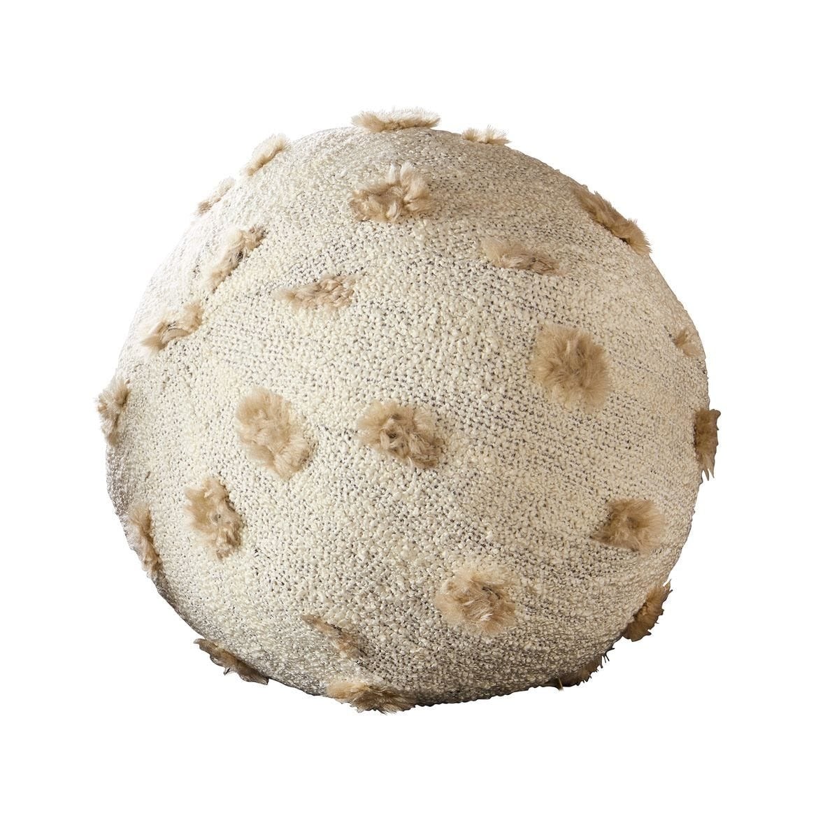 An off-white upholstered sphere cushion with textured fluff fabric in a mineral colour.