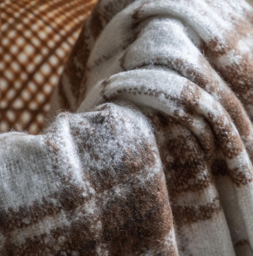 Tan Check Faux Mohair Throw