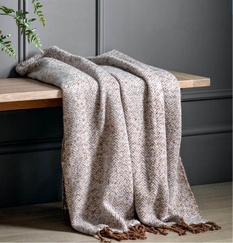 Tan Herringbone Faux Mohair Throw Blanket