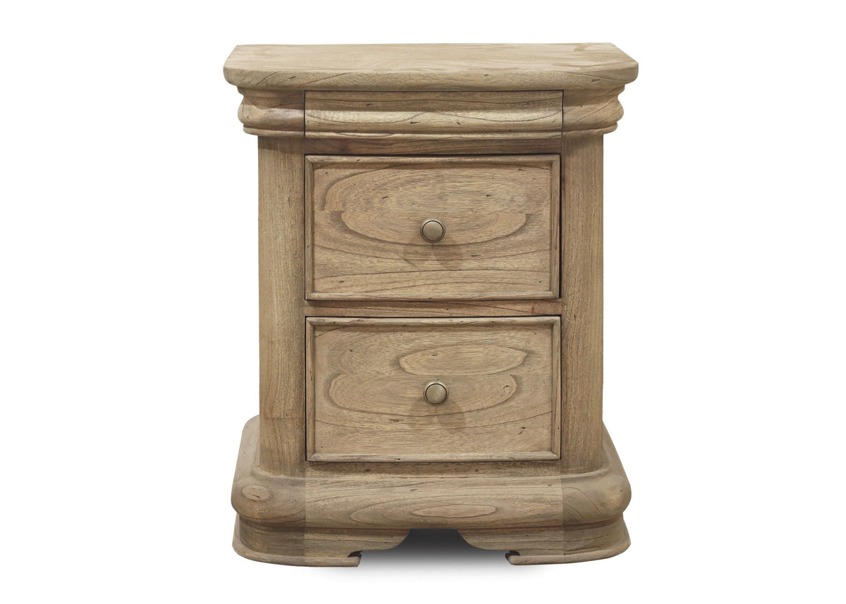 Keiichi Fulbrook Oak 3 Drawer Bedside Table – front view of solid oak bedside cabinet with brass handles.
