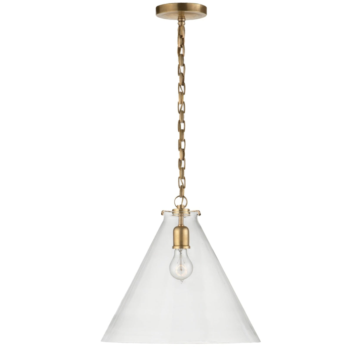 Katie Conical Pendant in Hand-Rubbed Antique Brass with Clear Glass