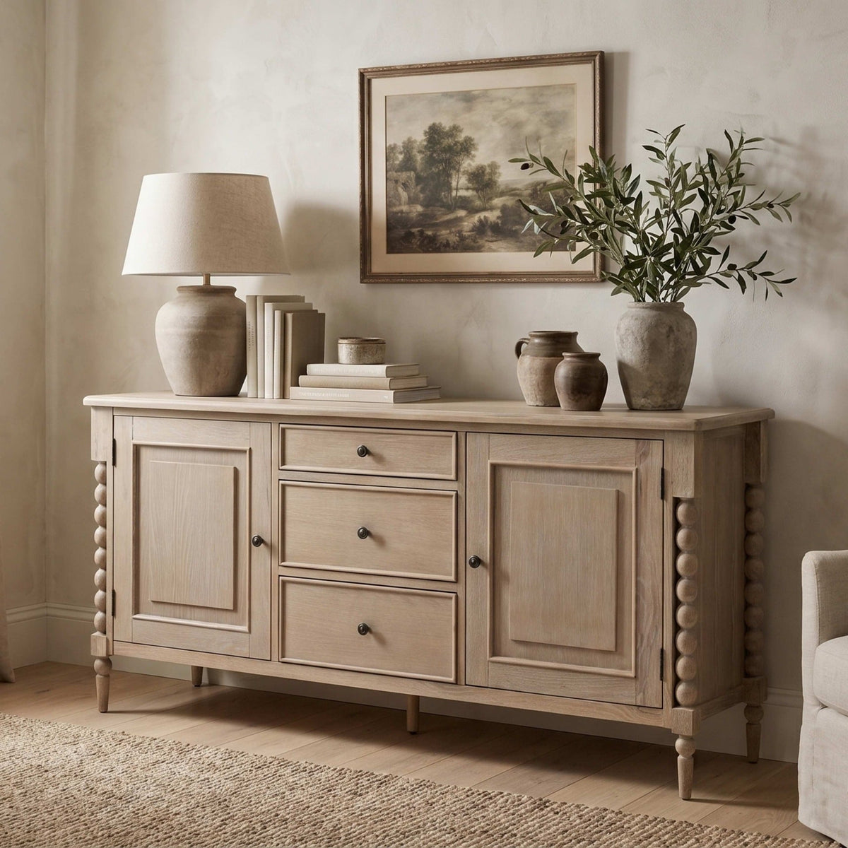 Victoria 2 door 3 drawer oak sideboard with hand-turned bobbin detailing