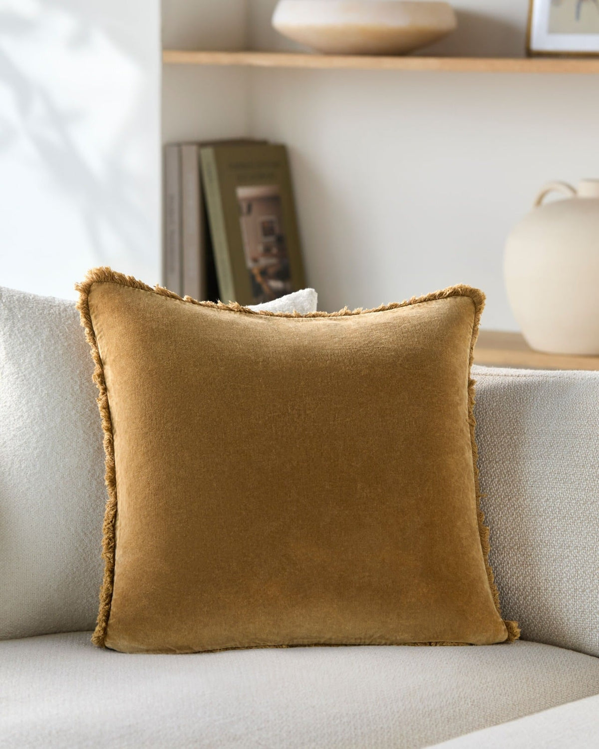 Washed Cotton Velvet Woven Cushion in Ochre - 51 x 51 cm