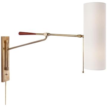 Frankfort Articulating Wall Light in Hand-Rubbed Antique Brass and Mahogany Accents with Linen Shade