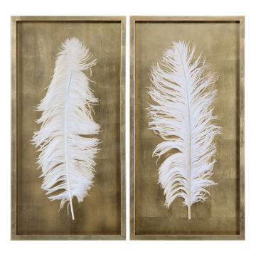  White Feathers Gold Shadow Box S/2