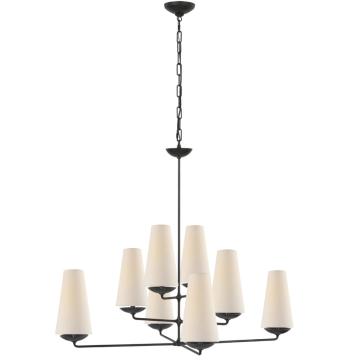 Fontaine Large Offset Chandelier in Aged Iron with Linen Shades