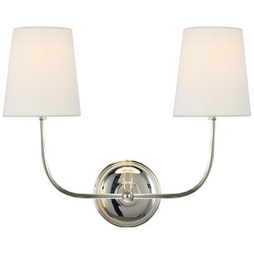 Vendome Double Wall Light in Polished Nickel with Linen Shades